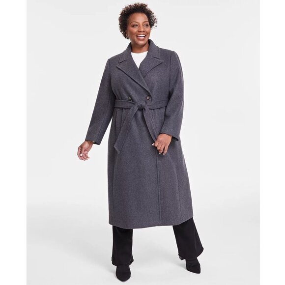 DKNY Plus 2X Wrap Coat - Med Grey, Double-Breasted, Belted (48”) - Picture 1 of 1
